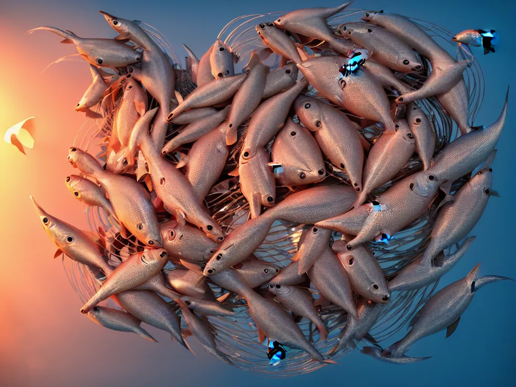 Image similar to a sculpture of fish group ocean intertwined, diode lighting, a lovely cornucopia of flowers and human body parts, body parts, highly detailed, octane render, cinematic, sharp focus, clean, studio lighting, sunset