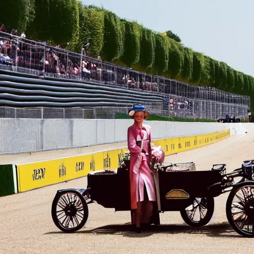 Prompt: lady catherine de bourgh drives her barouche box on the formula 1 circuit of le mans. cinematic, technicolor, highly intricate