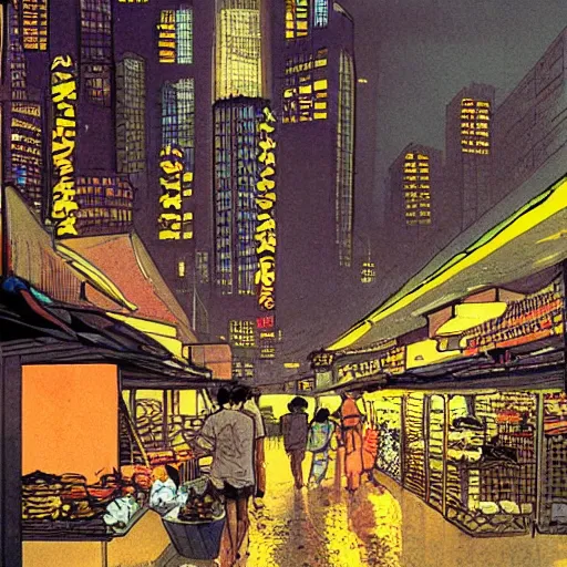 Image similar to concept art of a singaporean wet market at night, by moebius