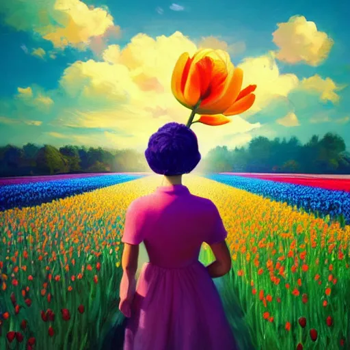 Image similar to girl with a giant tulip head, surreal photography, flower field, sunset dramatic light, impressionist painting, colorful clouds, blue sky, digital painting, artstation, simon stalenhag