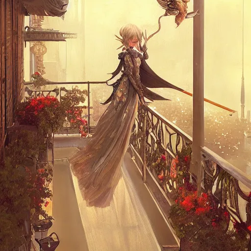 Image similar to a beautiful realistic painting of a firework festival on a balcony at night, intricate, elegant, highly detailed, digital painting, artstation, nier automata concept artsyle, by krenzcushart, artem demura, makoto shinkai, alphonse mucha