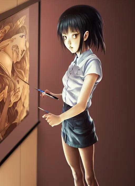 Prompt: a girl student with morbid thoughts bored while practicing poke battle theory, painted on transparent glass with dark - stained wood in the background by katsuhiro otomo, range murata yoshitaka amano, and artgerm. 3 d shadowing effect, concept art, 8 k resolution.
