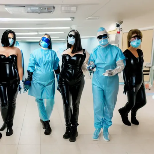 Prompt: a group of people in pvc outfits in a hospital
