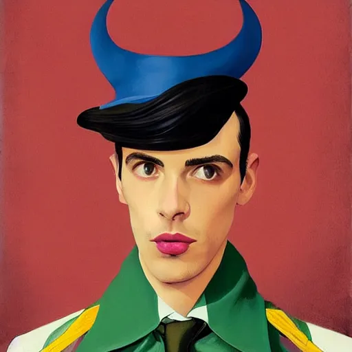 Image similar to Young Spanish man is Super Spy Captain, the Electric Boy, Art by Joshua Middleton, socks, Rene Magritte, succulent plants Chalk white skin, deep purple hair, Green eyes, Orange background, Mucha, Portrait of the man, surreal, ,carbon black and antique gold