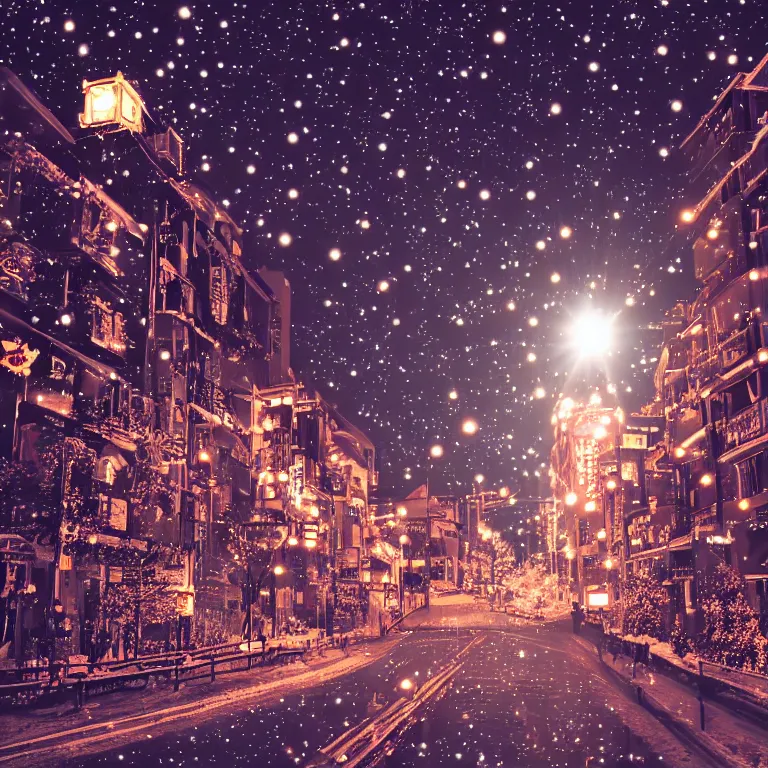 Prompt: illustration of osaka with many lights and lens flares, snowy winter christmas night