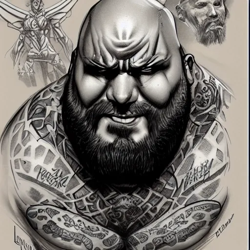 Prompt: tattoo sketch art of chonky ethan van sciver with bald head and a trimmed grey beard, artstation, cgsociety, detailed