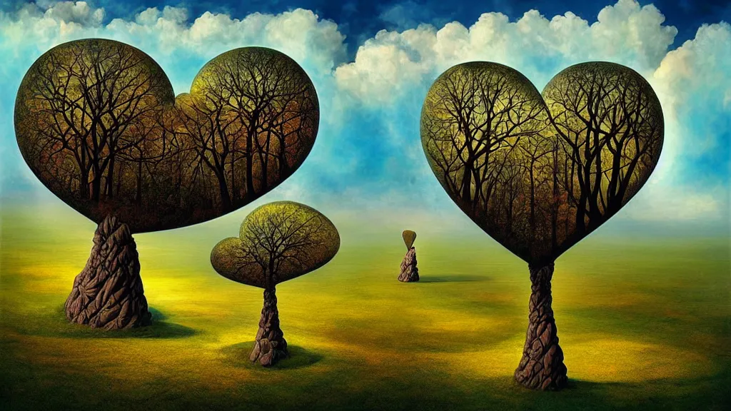 Prompt: surreal landscape, surrealism, fibonacci, heart shaped trees, symmetrical, esao andrews, victor enrich, dali