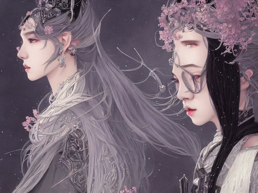 Image similar to portrait jisoo blackpink, grey hair armored samurai clothes, in snowy torii black magic night, ssci - fi and fantasy, intricate and very very beautiful and elegant, digital painting, artstation, concept art, smooth, illustration, art by tian zi and wlop and alphonse mucha