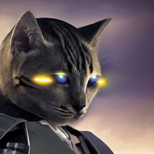 Image similar to humanoid with cat-like features in futuristic space armor with force fields, yellow eyes, teeth that protrude past the lower lip and fine grayish fur on their faces and backs of their hands and carrying weapons, octane,