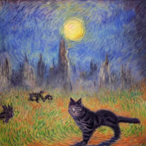 Image similar to end of the world, apocalypse, destruction, cats, concept art by monet