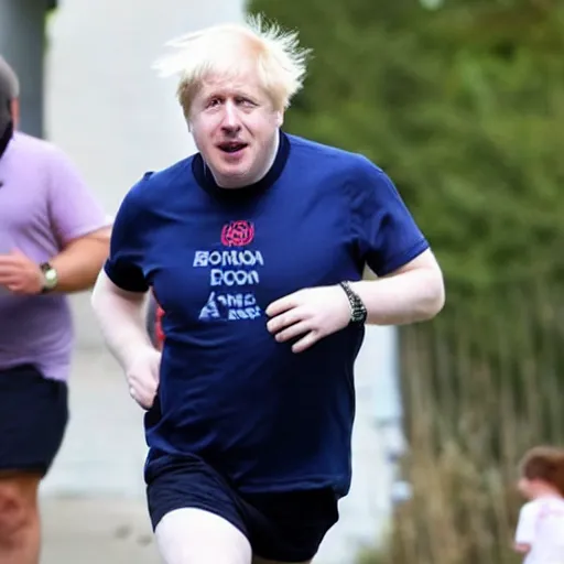 Image similar to Photo of Boris Johnson running, wearing a white t shirt and shorts