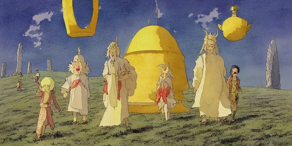 Image similar to a hyperrealist studio ghibli watercolor fantasy concept art of a giant chinese god and a small grey alien with a yellow robe in stonehenge in the early morning. a giant gold ufo is floating in the air. by rebecca guay, michael kaluta, charles vess