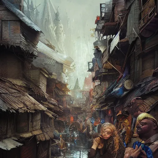 Image similar to slum neighborhood in lord of the ring world, fantasy, on artgerm, ilya yefimovich repin style, hyperrealistic content, high definition content, intricate, delete duplicate content, justify content center, ultra detailed content, 5 dark tone colors