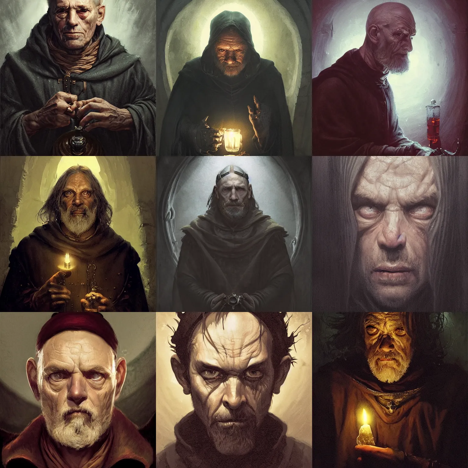 Prompt: portrait of an old, melancholic medieval alchemist in the dark, he is looking into the camera spitefully. chiaroscuro lighting, fantasy, detailed, photorealistic portrait by michael komarck, greg rutkowski, victo ngai, artgerm and j. dickenson