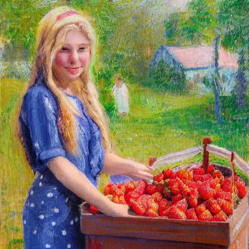 Prompt: Cute Blonde Girl 21 years old with locks sells Strawberries in a fruit stand, oil on canvas, Impressionism