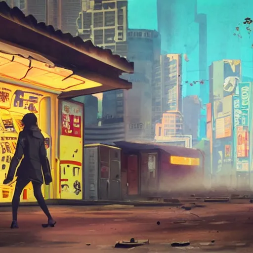 Image similar to incredible wide screenshot, ultrawide, simple watercolor, rough paper texture, ghost in the shell movie scene, backlit distant shot of girl in a parka running from a giant robot invasion side view, yellow parasol in deserted dusty shinjuku junk town, broken vending machines, bold graphic graffiti, old pawn shop, bright sun bleached ground, mud, fog, dust, windy, scary robot monster lurks in the background, ghost mask, teeth, animatronic, black smoke, pale beige sky, junk tv, texture, brown mud, dust, tangled overhead wires, telephone pole, dusty, dry, pencil marks, genius party,shinjuku, koji morimoto, katsuya terada, masamune shirow, tatsuyuki tanaka hd, 4k, remaster, dynamic camera angle, deep 3 point perspective, fish eye, dynamic scene