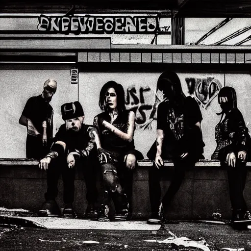 Image similar to “ group of goth punks smoking cigarettes sitting on car at an abandoned 7 - eleven convenience store, apocalyptic, photorealism, cel shading ”