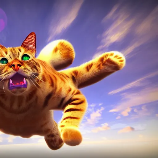 Image similar to 3 d photorealistic render of angry cats skydiving