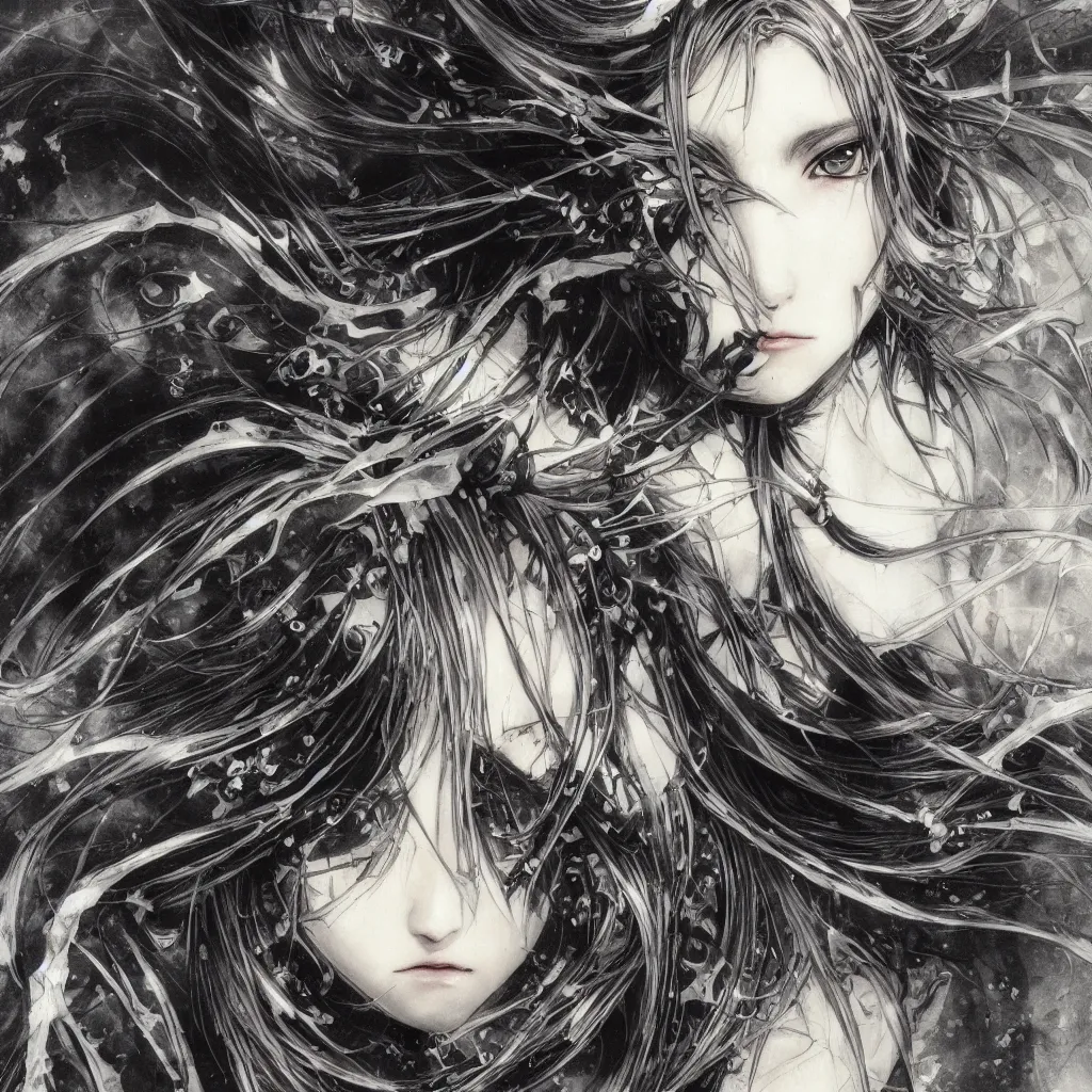 Image similar to Yoshitaka Amano realistic illustration of an anime girl with black eyes, wavy white hair fluttering in the wind and cracks on her face wearing elden ring armor with engraving, abstract black and white patterns on the background, noisy film grain effect, highly detailed, Renaissance oil painting, weird portrait angle, blurred lost edges, three quarter view