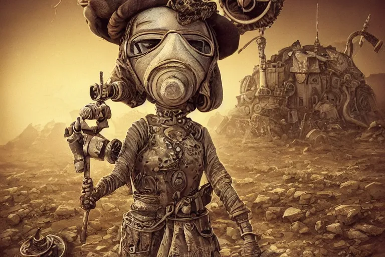 Image similar to a highly detailed forgotten garden gnome wearing goggles and head scarf surviving in a vast barren desert, hopeless wasteland background with a relentless raging sun overhead, post - apocalyptic road warrior vibe, full body, wide angle, an ultrafine detailed painting by joe fenton, trending on deviantart, pop surrealism, whimsical, lowbrow, perfect symmetrical face, sharp focus, octane, masterpiece