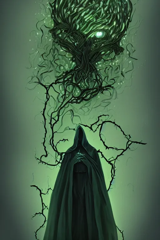 Prompt: A full body portrait of a mysterious character with no face, glowing eyes and a very long hooded dark green cloak made of leaves, vines coming out the ground art by Shaddy Safadi and Jason Chan, ominous, cosmic horror, trending on artstation, Ultra detailed, hyper realistic 4k