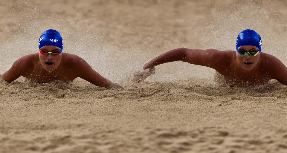 Image similar to olympic swimming in sand instead of water, extremely coherent, motion blur