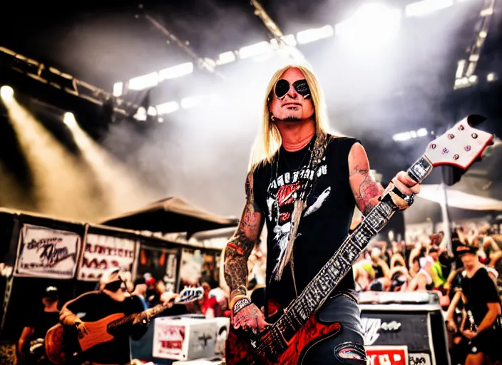 Image similar to photo still of brett michaels on stage at vans warped tour!!!!!!!! at age 4 8 years old 4 8 years of age!!!!!!!! shredding on guitar, 8 k, 8 5 mm f 1. 8, studio lighting, rim light, right side key light