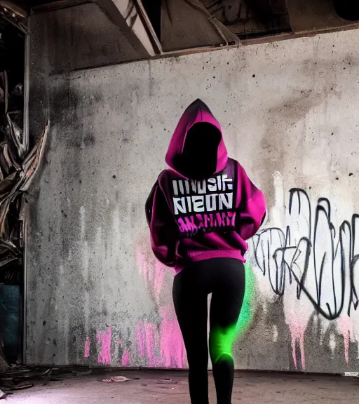 Image similar to kylie jenner doing graffiti in a derelict garage, dust mist, rear-shot, tight leggings with a pink hoody with hood up, mold, greenery, intricate, epic lighting, cinematic composition, hyper realistic, 8k resolution, unreal engine 5