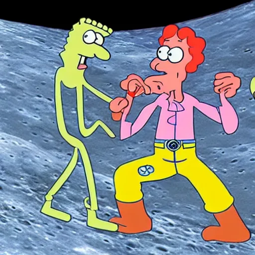 Image similar to Squidward arm wrestling with cowboys on the moon in an episode of Spongebob