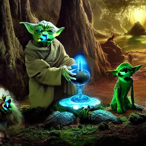 Image similar to stunning awe inspiring photo of various members of yoda's species interacting with eachother and performing strange rituals on their home planet, award winning nature photo 8 k hdr amazing lighting highly detailed, realistic