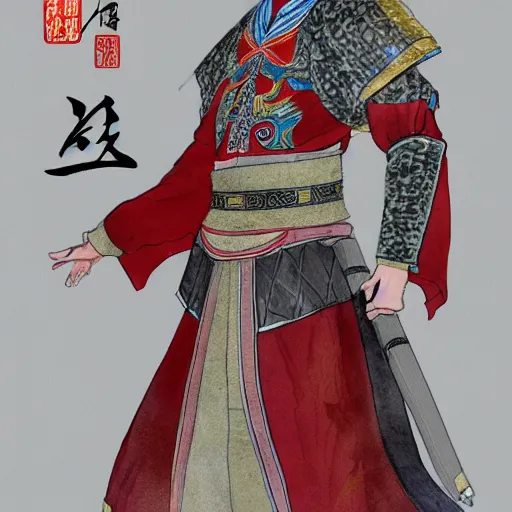 Prompt: a perfect, realistic professional digital sketch of Ming dynasty Chinese general in style of Marvel, full length, by pen and watercolor, by a professional French artist on ArtStation, on high-quality paper