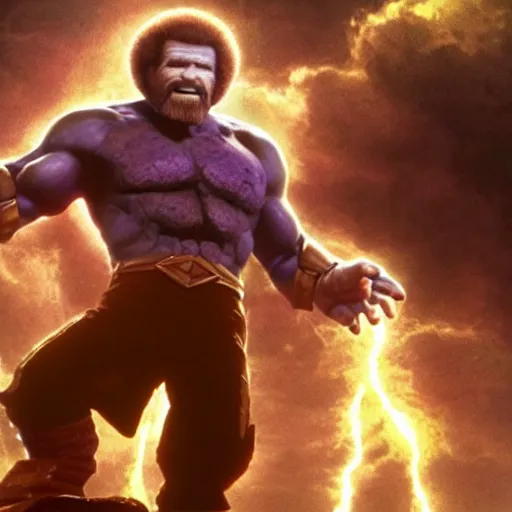 Prompt: bob ross as thanos, movie still, cinematic lighting