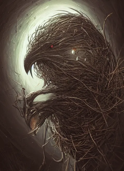 Prompt: nest on human head, open mouth, cruelty, pain, black crows, light effect, hyper detailed, intricate, elegant, highly detailed, digital painting, artstation, concept art, matte, sharp focus, illustration, by dan mumford, yusuke murata, makoto shinkai, ross tran