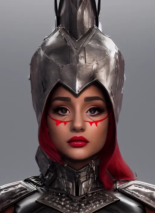 Image similar to Ariana Grande wearing metal and leather fantasy battle armor with a red cloak by Ilya Kushvikov, symmetrical face concept art, octane render unreal engine meta humans, trending on artstation