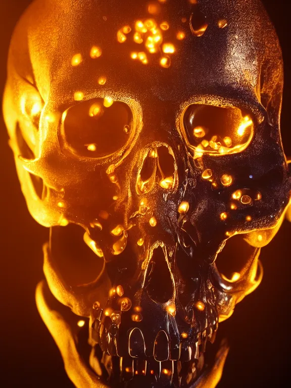 Image similar to photograph of a cyborg skull, glowing technical parts, golden fluid dripping down, studio lighting, 4k