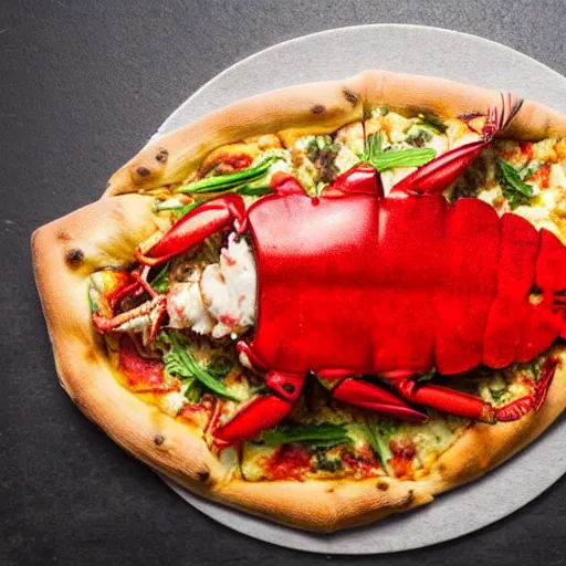 Prompt: an entire lobster on top of a pizza