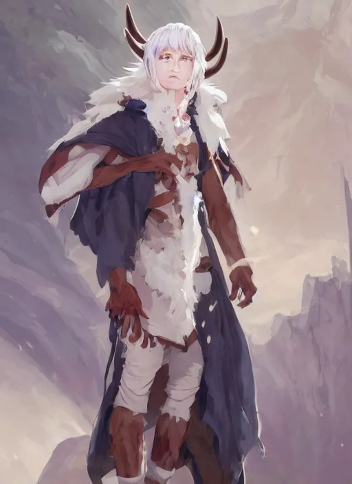 Image similar to concept art painting of a person with brown skin and short white hair, demon horns, white freckles, full clothing, blue robes, detailed, cel shaded, in the style of ruan jia and artgerm and makoto shinkai and james gurney