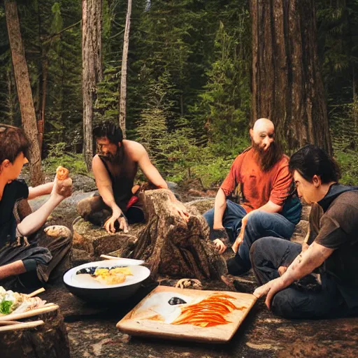 Image similar to photo, neanderthal people eating sushi, surrounded by dinosaurs, gigantic forest trees, sitting on rocks, bonfire