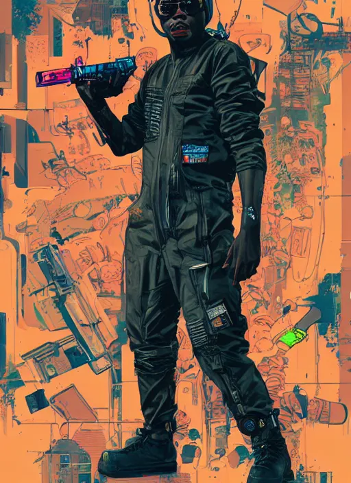 Image similar to chidi igwe. cyberpunk hacker in tactical jumpsuit. portrait illustration, pop art, splash painting, art by geof darrow, ashley wood, alphonse mucha, makoto shinkai