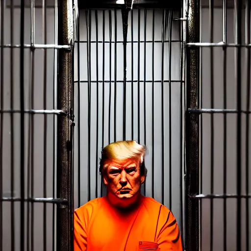 Prompt: donald trump dressed in orange prison uniform in a prison cell, jail bars, framing - medium shot, natural light failing on his face, by terry richardson