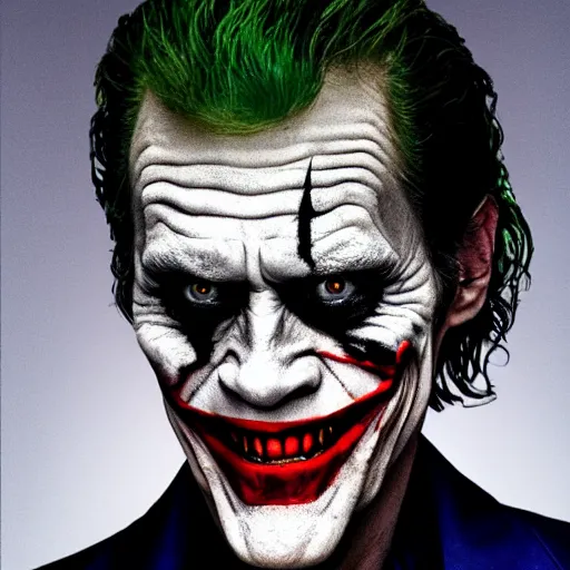 Image similar to willem dafoe as the joker, movie poster, superrealism, quality, post - production, image depth, focus, fine details, skin pores, makeup, 8 k