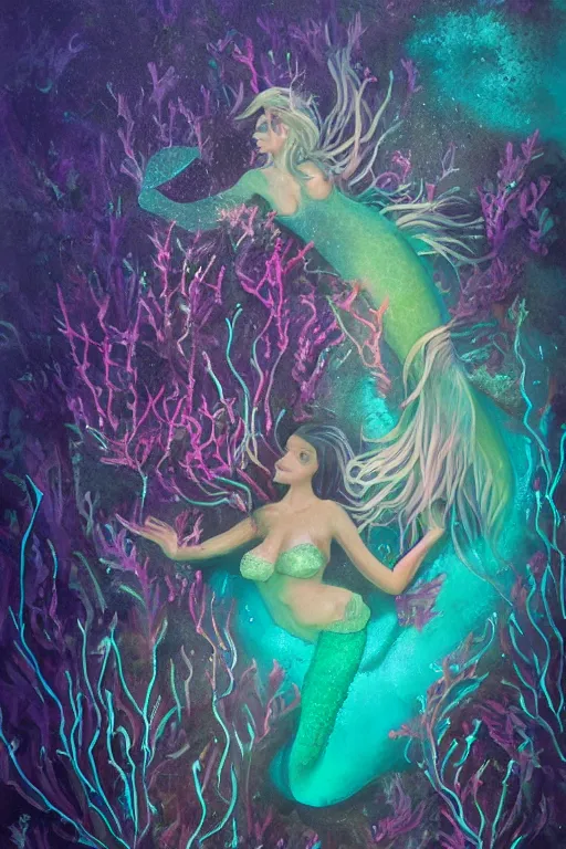 Image similar to beautiful mermaid swimming through bioluminescent algae coral reefs by małgorzata kmiec