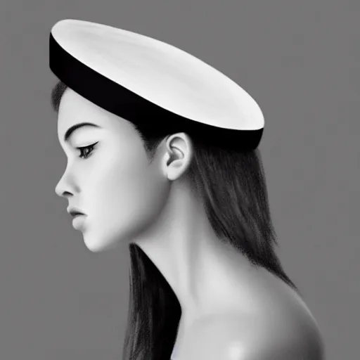 Image similar to black and white centered close-up of fashion model girl in wide white hat, hyperrealism oil painting