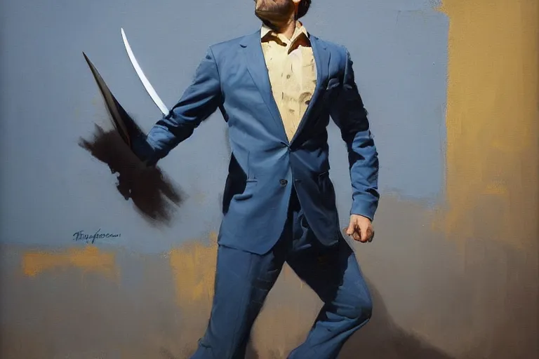 Prompt: greg manchess portrait of throwing knives at a man in a blue suit, profile picture, organic painting, sunny day, matte painting, bold shapes, hard edges, street art, trending on artstation, by huang guangjian, gil elvgren, ruan jia, randy vargas, greg rutkowski