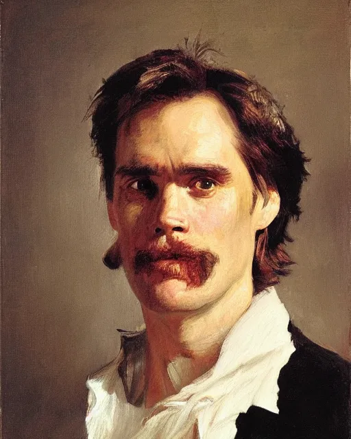 Prompt: a portrait of jim carrey age 2 5, painting by carolus - duran