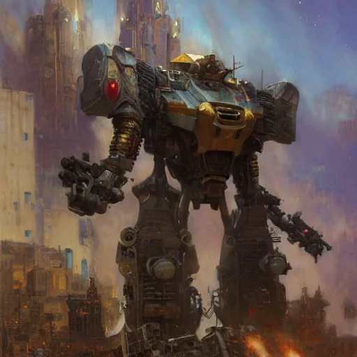 Image similar to six meters tall mech fighting in an urban environment, epic action scene, by gaston bussiere craig mullins jc leyendecker gustav klimt artgerm greg rutkowski john berkey, bergey, craig mullins, ruan jia, raymond swanland, jeremy mann, tom lovell, alex malveda, shadow ray casting, bump mapping