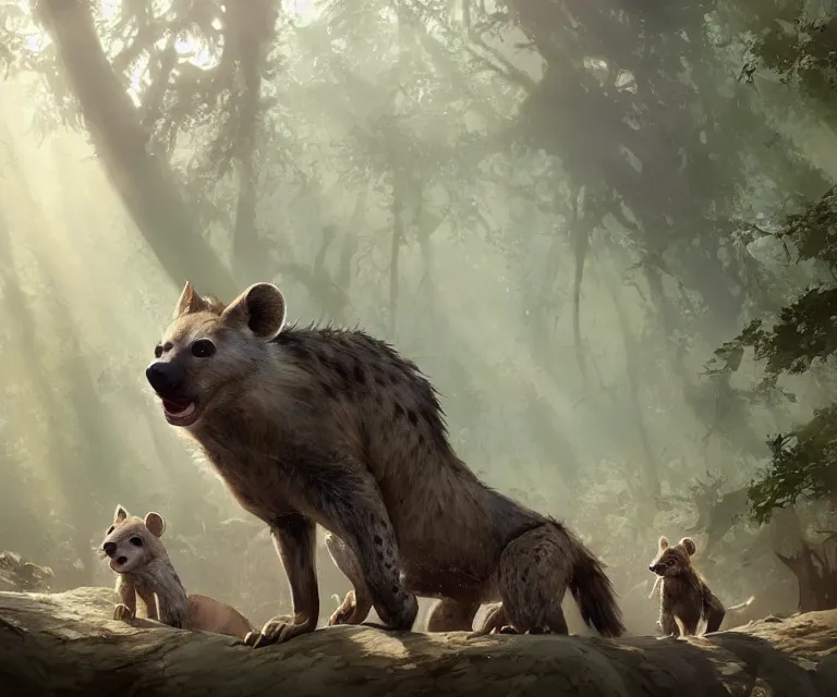 Image similar to a beautiful painting of a cute brown hyena and a gray otter in a forest. disney character design by cory loftis, fenghua zhong, ryohei hase, ismail inceoglu and ruan jia. artstation, volumetric light, detailed, photorealistic, rendered in octane