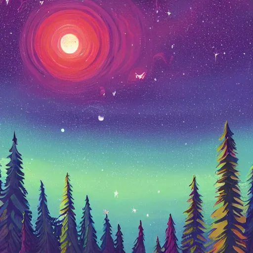 Image similar to a painting of a night sky with stars and trees, poster art by tim biskup, behance contest winner, space art, poster art, wallpaper, digital illustration