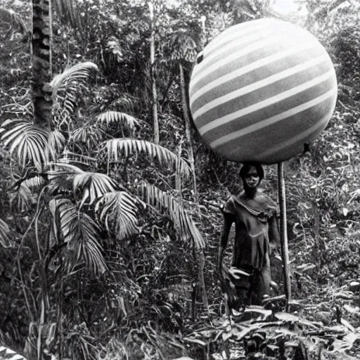 Prompt: a rizom lost film footage of a ( ( ( ( ( ( ( ( sphere ) ) ) ) ) ) ) in the middle of the tropical jungle / tribalism!!!!! / film still / cinematic / enhanced / 1 9 2 0 s / black and white / grain