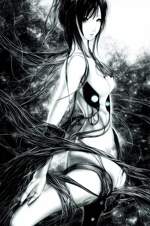 Image similar to a vertical portrait of a character in a scenic environment by Yoshitaka Amano, black and white, dreamy, cybernetic suit, wavy long black hair, highly detailed